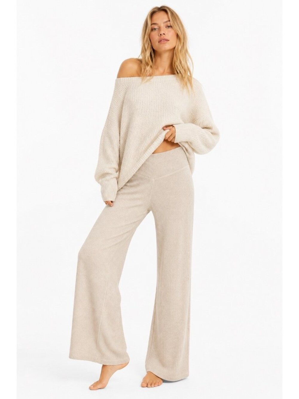 PRANA flare ribbed pants lounge beige MEDIUM activewear athleisure bed rot knit
